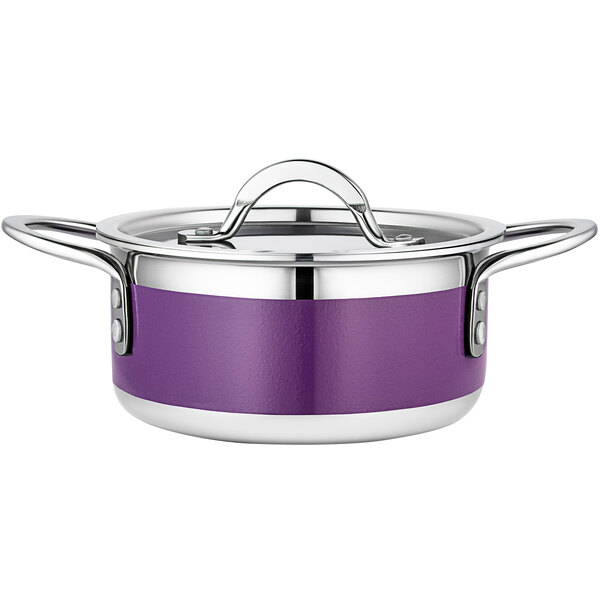 A purple and silver Bon Chef Country French pot with a lid.