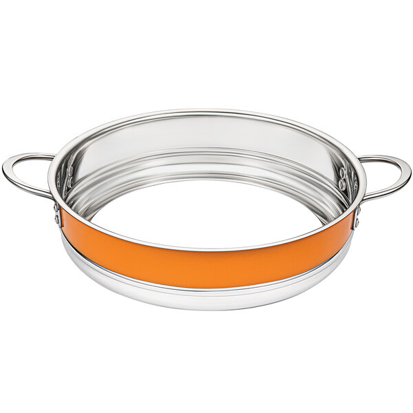 A silver stainless steel Bon Chef bottomless pot with an orange stripe on the handle.