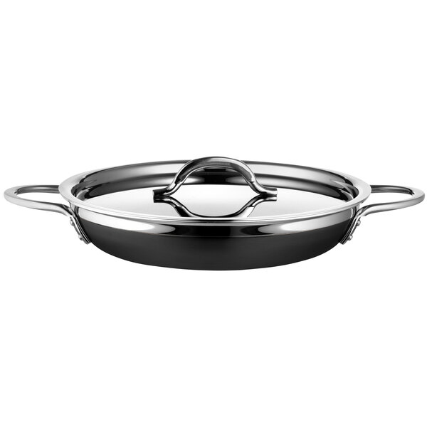 A Bon Chef black and silver stainless steel saute pan with double handles.
