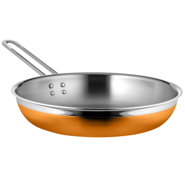 A Bon Chef stainless steel saute pan with a long handle.