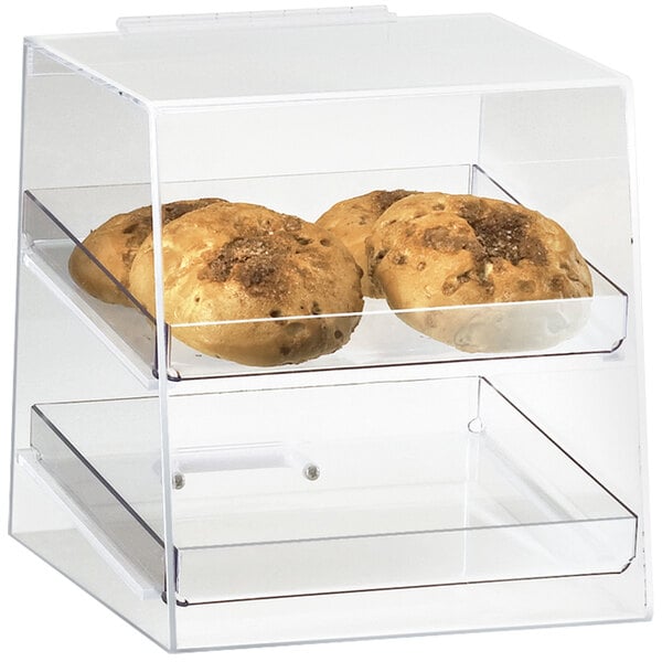 A clear Cal-Mil two tier display case with muffins inside.