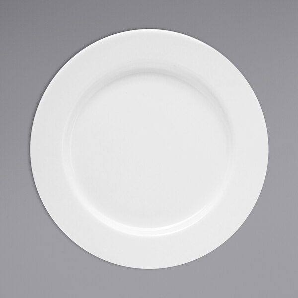A Oneida Tundra warm white china plate with a wide white rim.