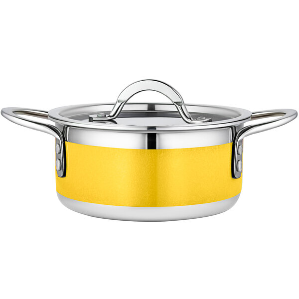A yellow stainless steel Bon Chef pot.