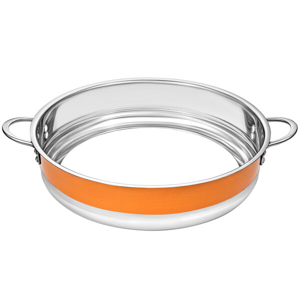 A Bon Chef stainless steel bottomless pot with an orange handle.