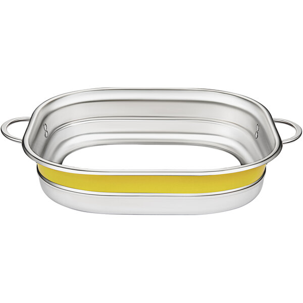 A silver stainless steel Bon Chef rectangular pan with yellow metal handles.