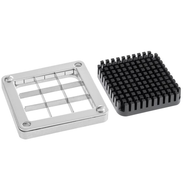A silver metal and black plastic square with black square holes.
