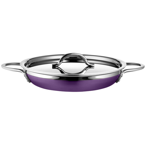 A purple Bon Chef Country French saute pan with a lid.