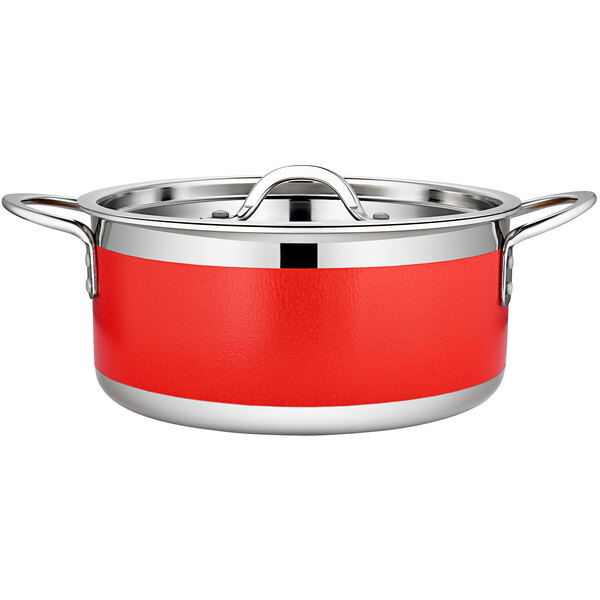 A red and stainless steel Bon Chef Country French cooking pot with a lid.
