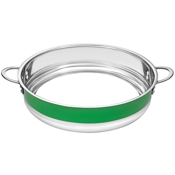 A silver and lime green Bon Chef bottomless pan with a handle.