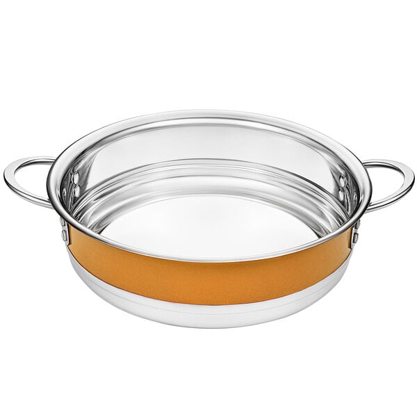 A Bon Chef stainless steel bottomless pot with orange handles.