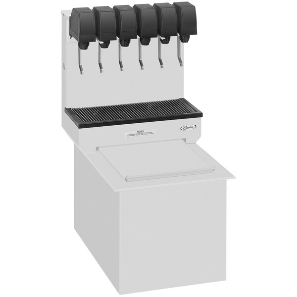A white Cornelius soda dispenser with 6 black and white taps.