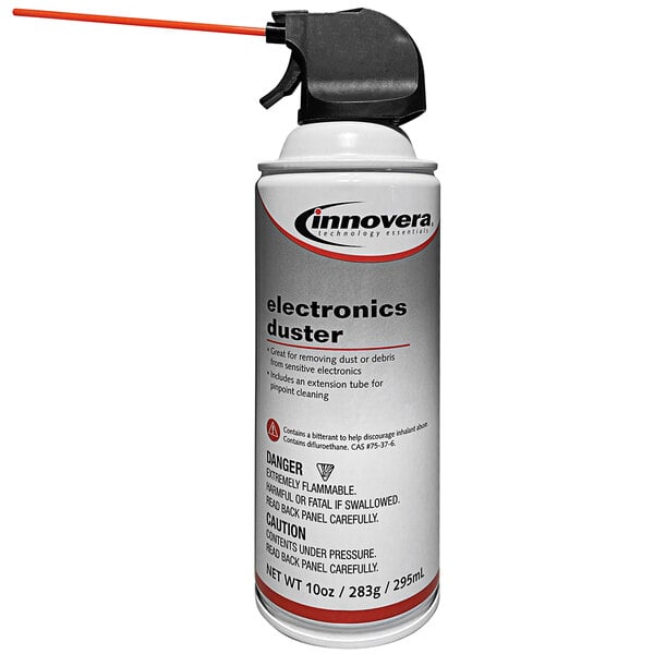An Innovera 10 oz. white can of compressed air duster cleaner with a black lense.