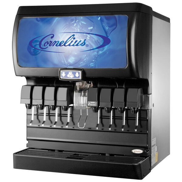 A black Cornelius soda fountain machine with a large screen.