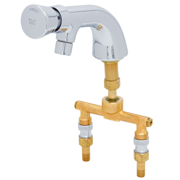 A chrome deck mounted T&S single temperature mixing faucet with two brass handles.