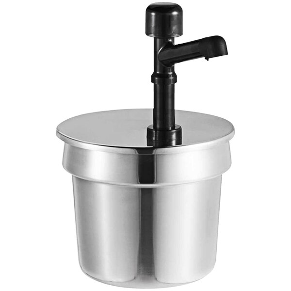 A silver Server Solution plastic inset pump with a black lid and spout.