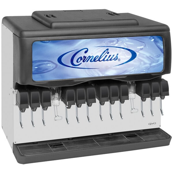 A white Cornelius countertop soda dispenser with 12 valves.