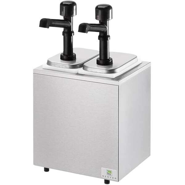 A silver stainless steel countertop pump dispenser with two black solution pumps.