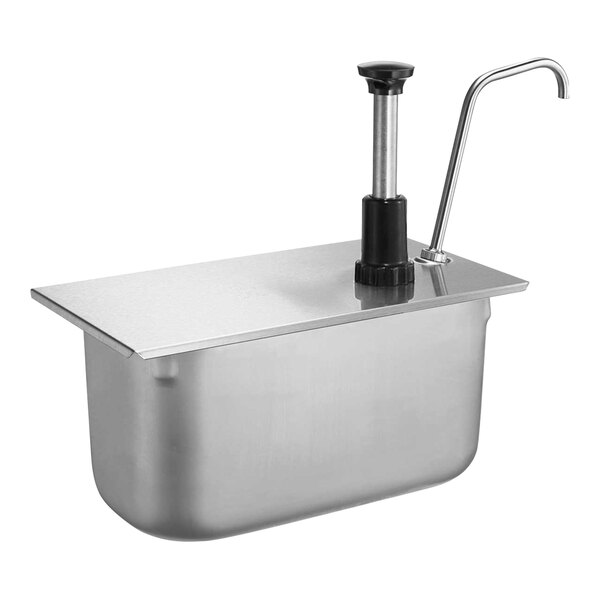 A stainless steel server pump with a black lid and pipe over a metal container.