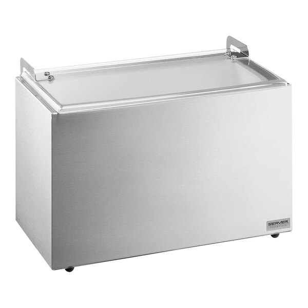 A silver stainless steel Server countertop bar with clear lids over 3 compartments.