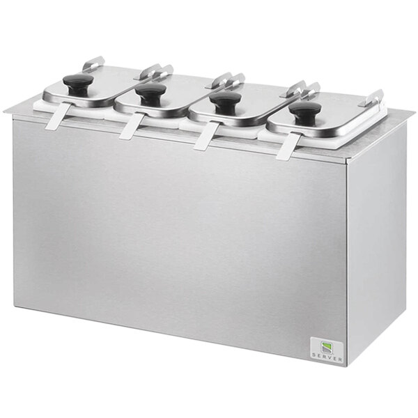 A silver rectangular stainless steel Server condiment bar with four hinged lids.