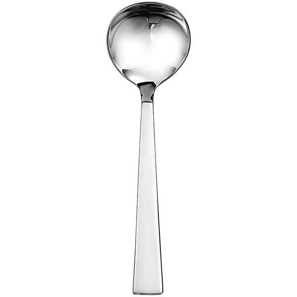 A stainless steel sauce ladle with a long handle.
