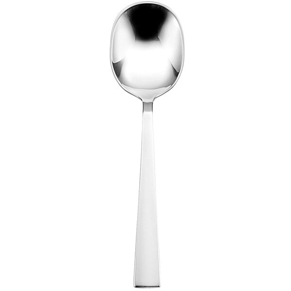 A close-up of a Sant'Andrea stainless steel bouillon spoon with a black handle.