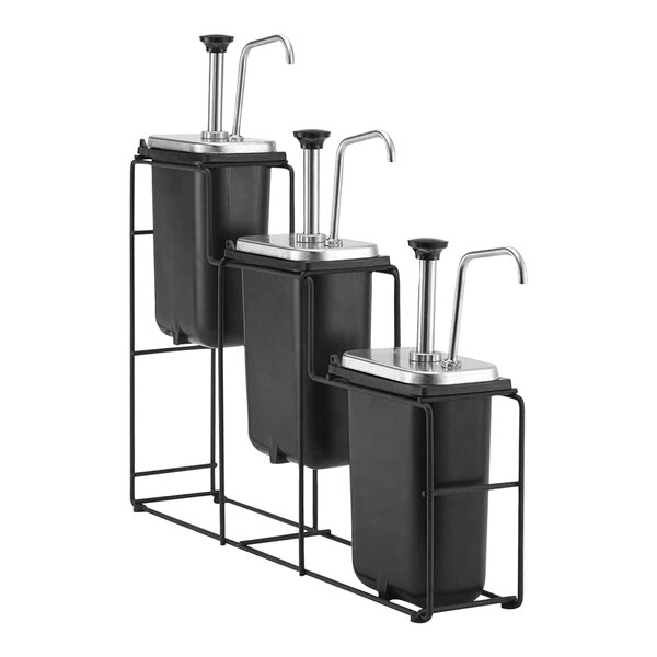A Server WireWise triple pump condiment dispenser with black metal containers and stainless steel pumps.