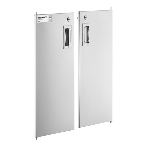 Two rectangular metal panels with recessed handles and small locks, standing upright side by side.