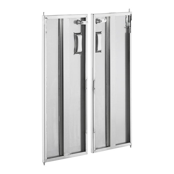 Two rectangular metal panels with handles and locking mechanisms, likely designed as removable doors for an enclosed cart or cabinet.