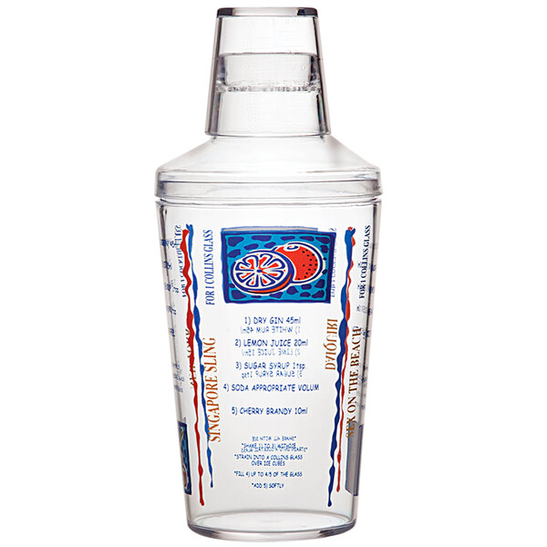 A clear plastic Franmara cocktail shaker with blue and red printed designs.