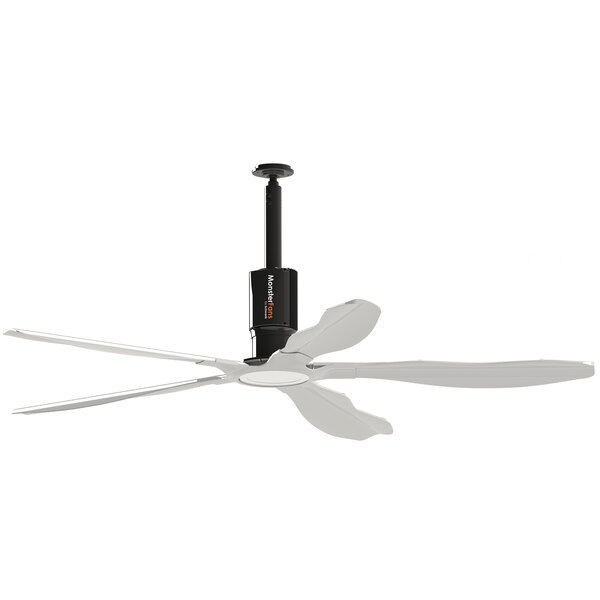 A silver commercial ceiling fan with black blades on a white ceiling.