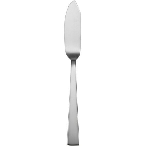 A silver knife with a black handle.