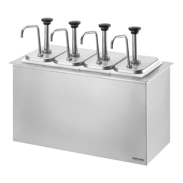 A silver rectangular stainless steel drop-in server with 4 stainless steel pump dispensers.