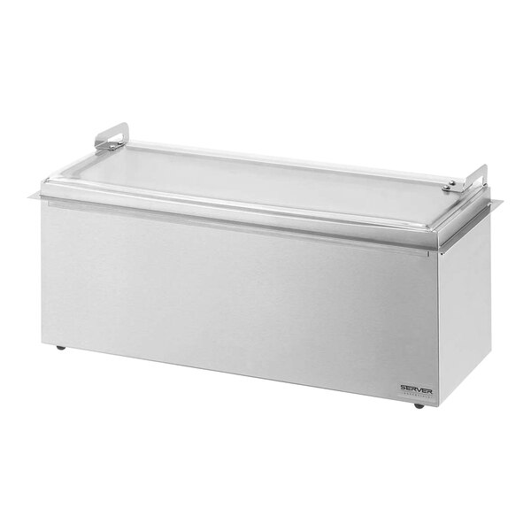 A stainless steel Server 3 compartment drop-in bar with a stainless steel lid.