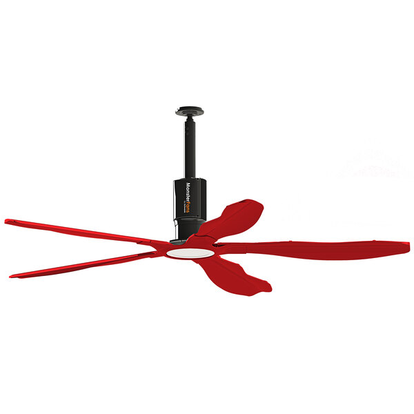 A red Schwank MonsterFans ceiling fan with black blades and pole.