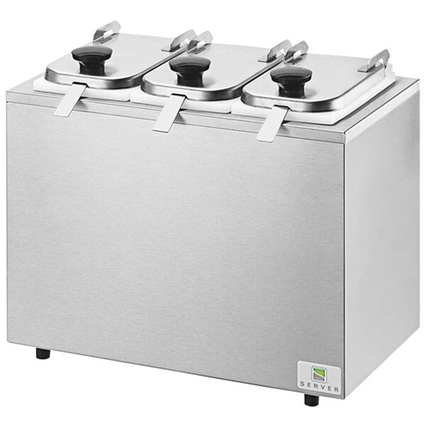 A Server stainless steel rectangular countertop condiment bar with three hinged lids.