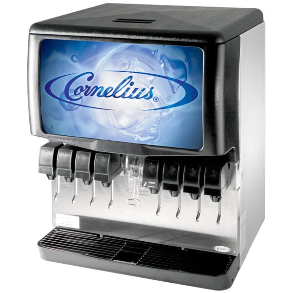 A Cornelius Countertop Soda Fountain Machine with push button valves.