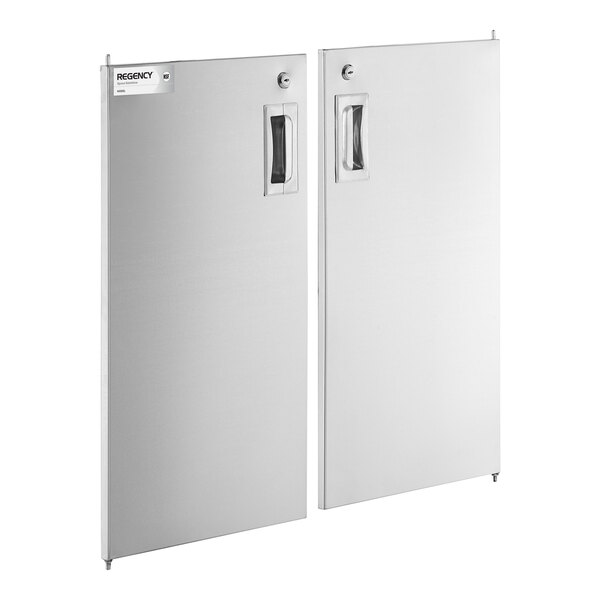 Two rectangular metallic doors with recessed handles and a smooth, brushed finish are shown standing upright side by side.