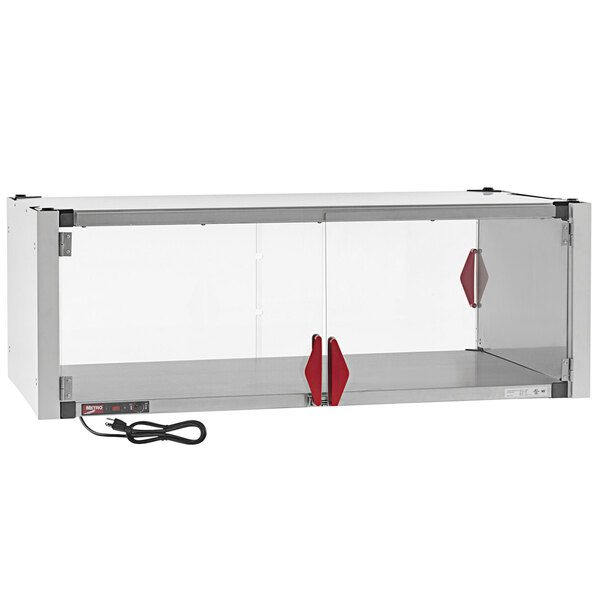 A stainless steel heated shelf enclosure kit for Metro Super Erecta wire shelving with red handles.