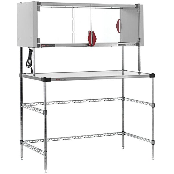 A white and silver Metro Super Erecta workstation with an enclosed heated shelf.