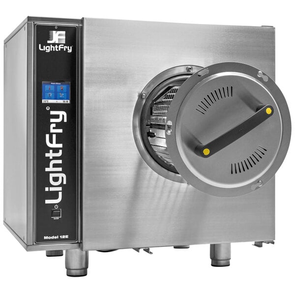 A large stainless steel Lightfry USA commercial air fryer with a round lid and digital display.