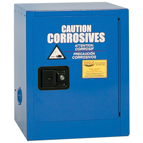 A blue Eagle Manufacturing metal safety cabinet with a black self-closing door.