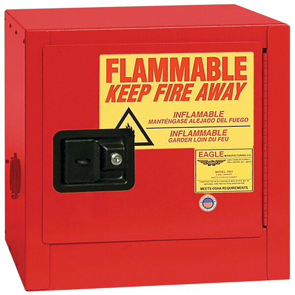 A red box with a yellow label and a black door with red text reading "Flammable Liquid" and a yellow triangle.