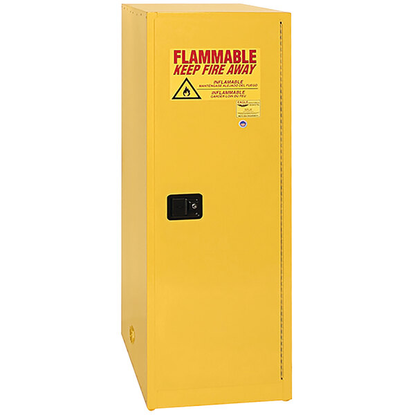 A yellow Eagle Manufacturing safety cabinet for flammable liquids with a red and white warning label.
