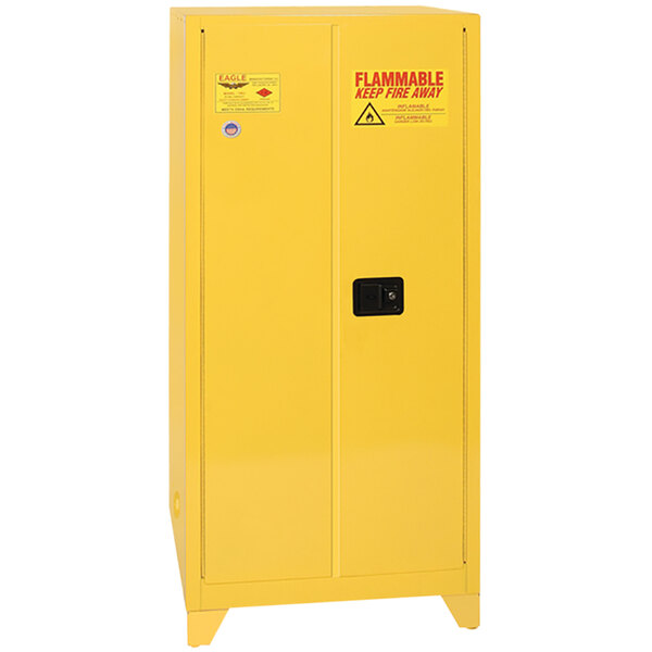 A yellow metal safety cabinet with black handles.