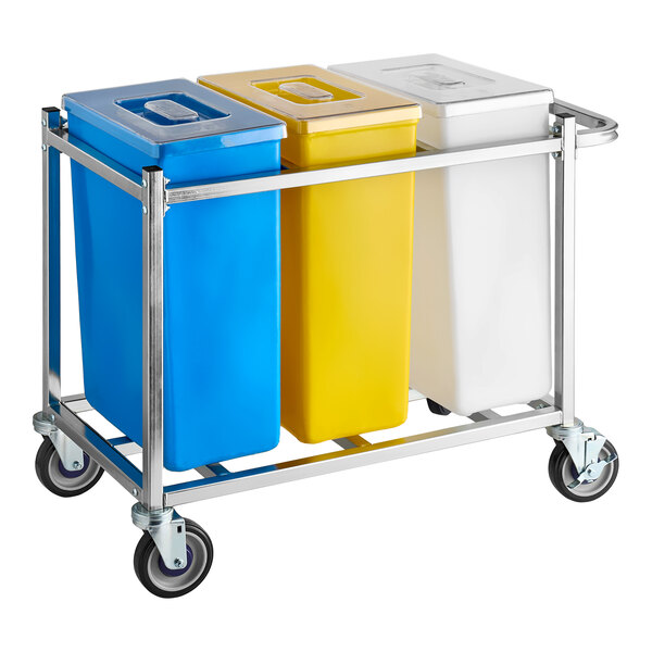 A mobile triple ingredient bin with blue, yellow, and white containers on a metal frame with wheels.