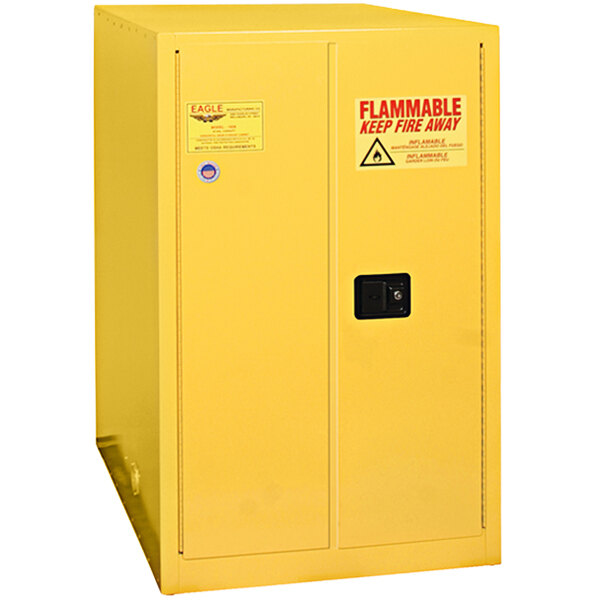 A yellow metal safety cabinet with a manual-closing door.