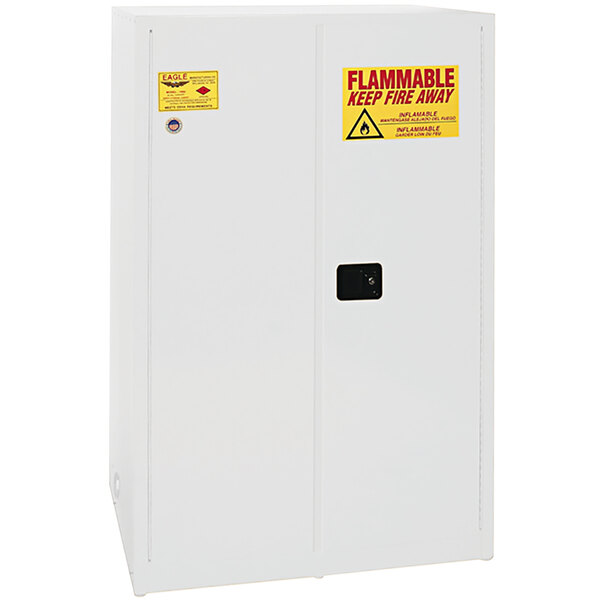 A white Eagle Manufacturing safety cabinet with yellow warning signs.