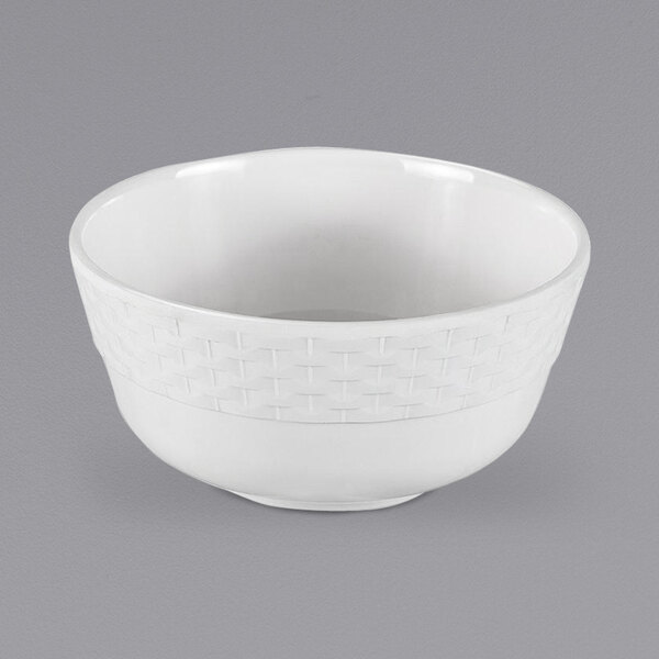 A white Bon Chef melamine bowl with a woven pattern.