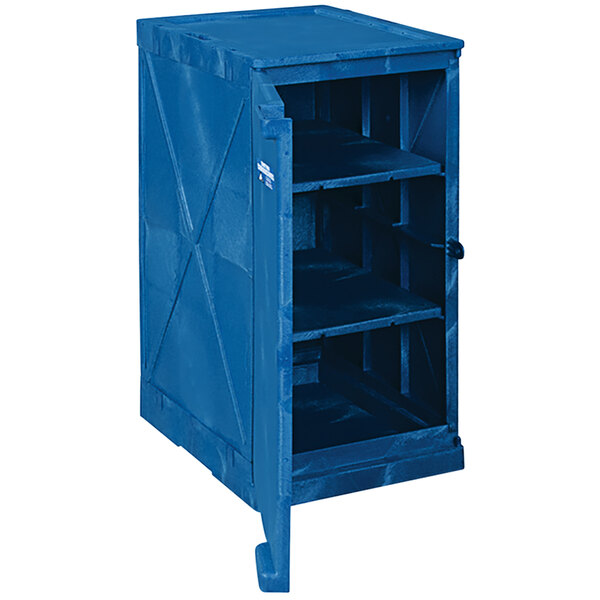 A blue Eagle Manufacturing safety cabinet with shelves.